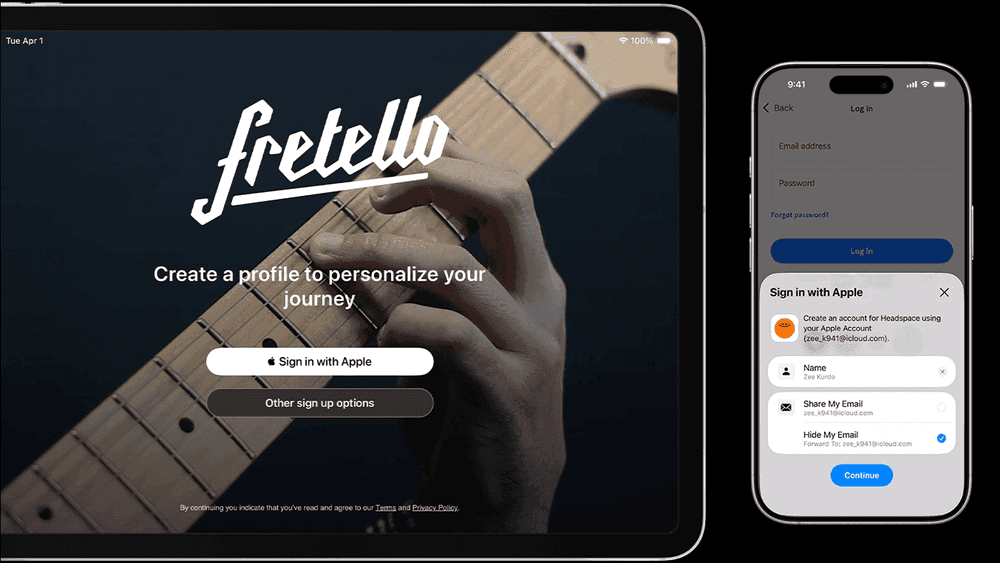 Apple Sign in with Apple and Hide My Email privacy feature on an iPhone screen