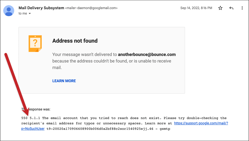 SMTP bounce code example showing 4xx and 5xx response anatomy