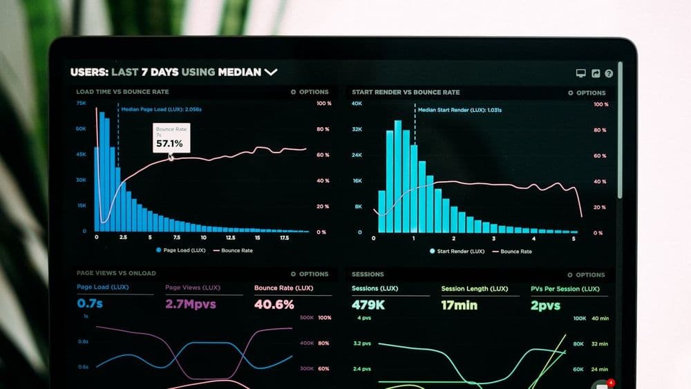 Analytics dashboard showing email deliverability metrics and trend charts on a laptop screen