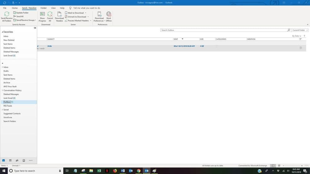 Email client showing a message stuck in the outbox instead of sending