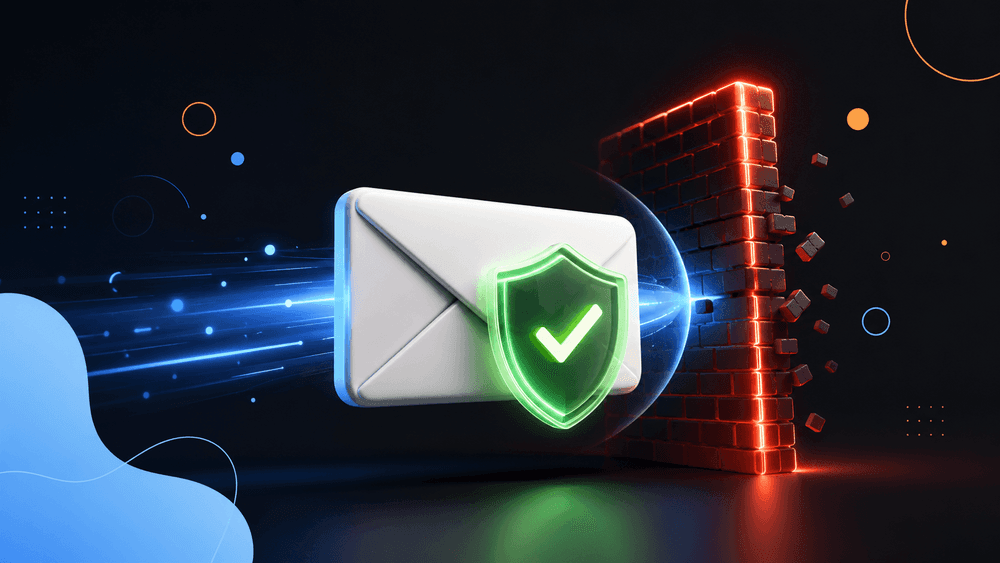 Email envelope protected by a shield passing a blocked firewall, illustrating how to avoid an email blacklist
