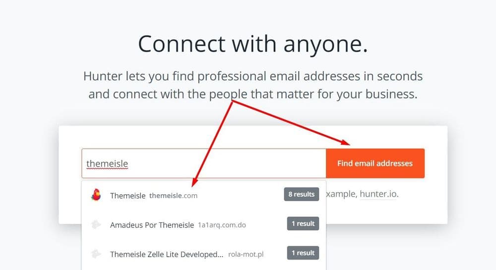 Email lookup tool interface used to find an email address by name and company