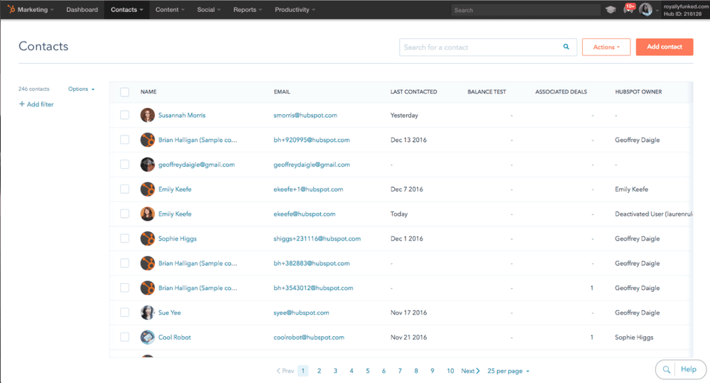 HubSpot CRM contacts list view