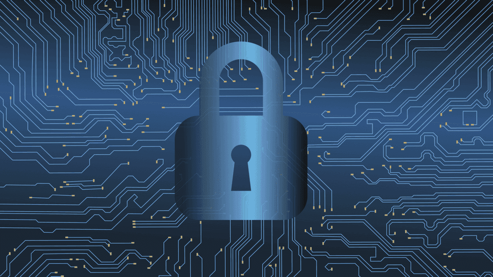 Padlock icon over circuit board traces representing encrypted email storage