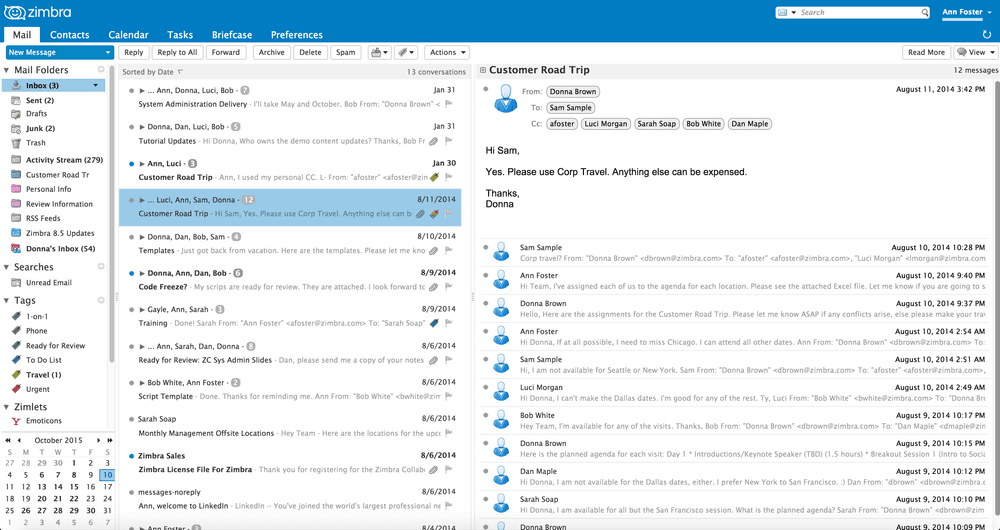 Webmail inbox listing incoming email messages with folders in the sidebar