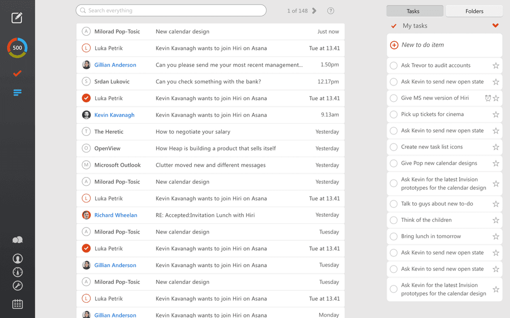 Email inbox listing received messages with sender names, subjects and arrival times