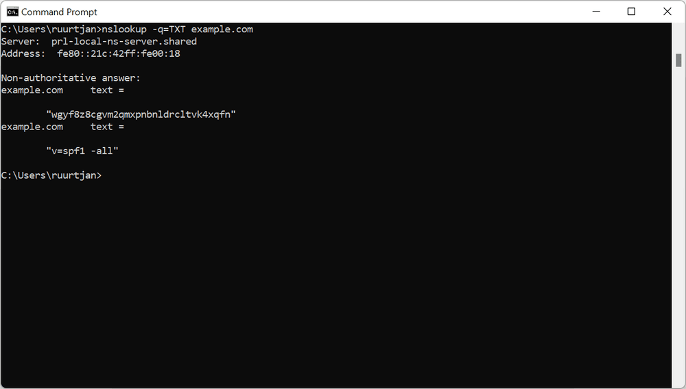 nslookup -type=txt command looking up TXT records on Windows