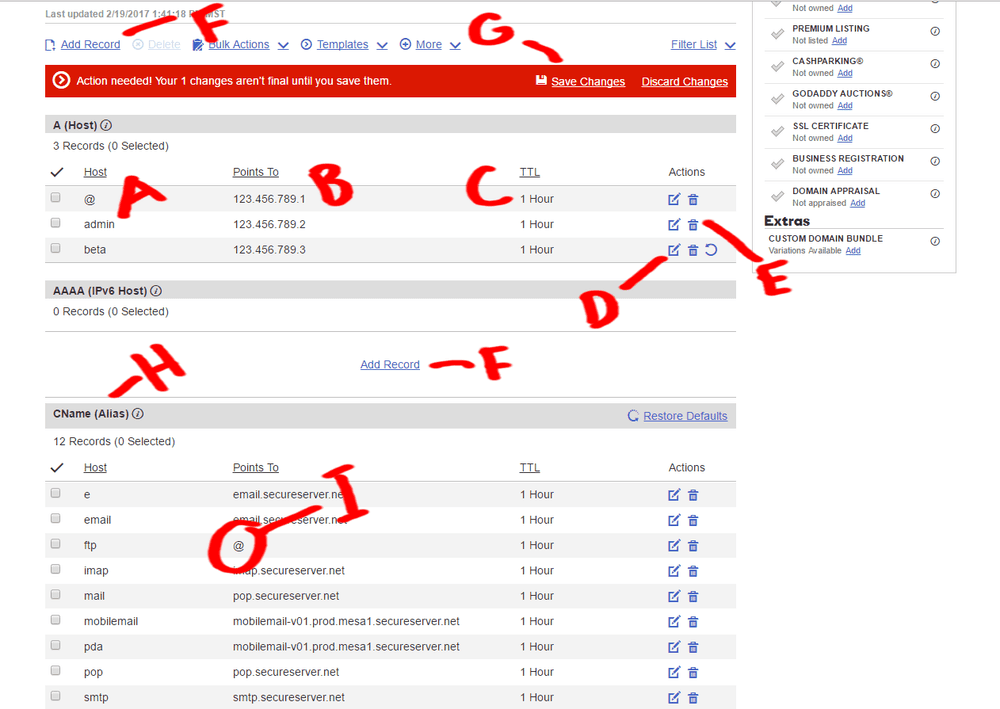 GoDaddy DNS management page listing a domain's DNS records