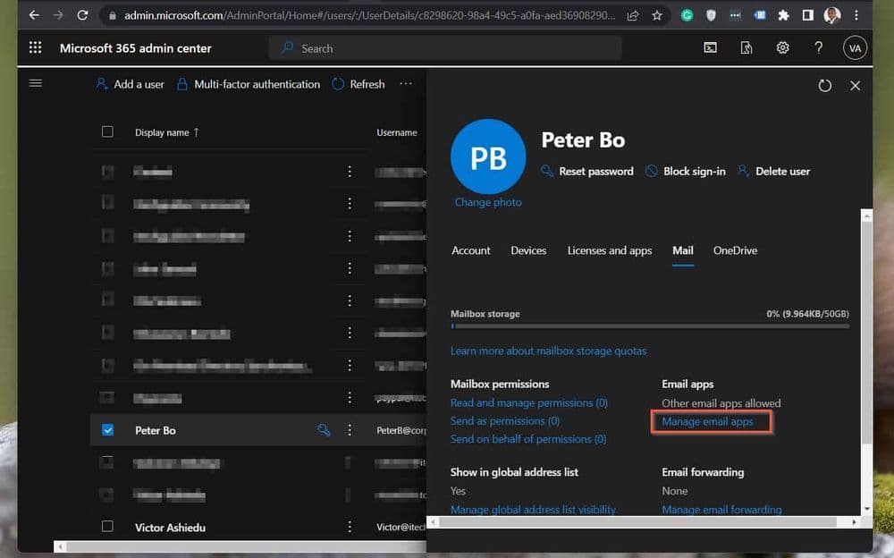 Office 365 admin center screen for enabling SMTP authentication on a mailbox