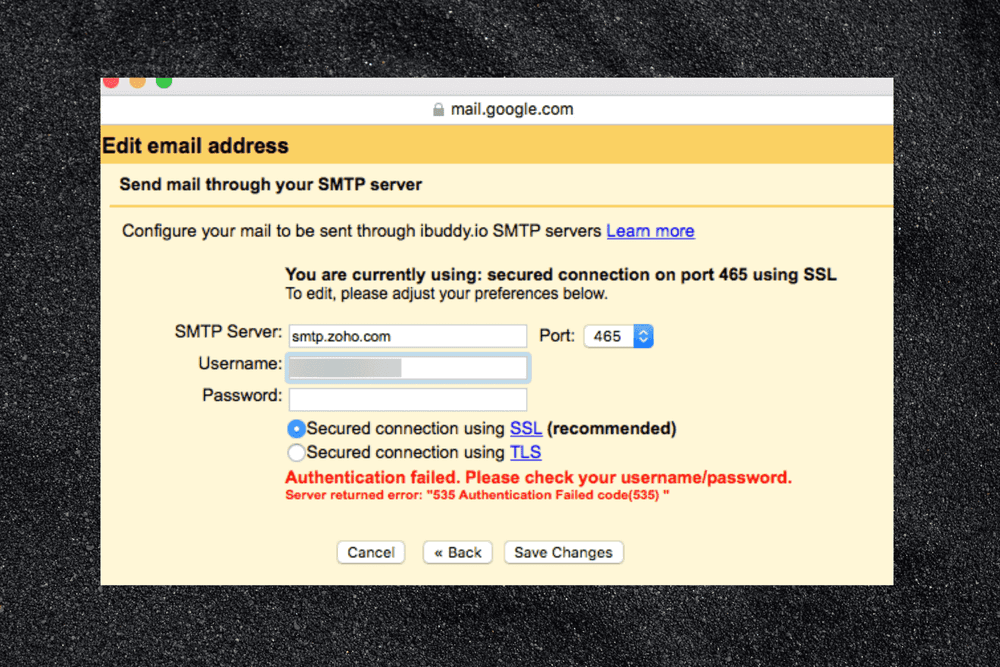 An SMTP authentication error message shown in an email client