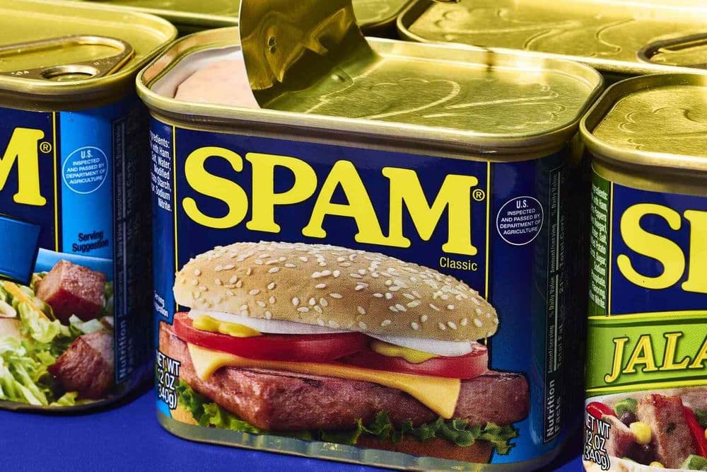 Cans of Hormel SPAM canned meat, the product behind the word spam