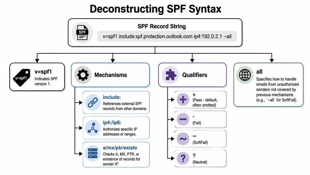 SPF record syntax shown as a DNS TXT record with mechanisms and qualifiers